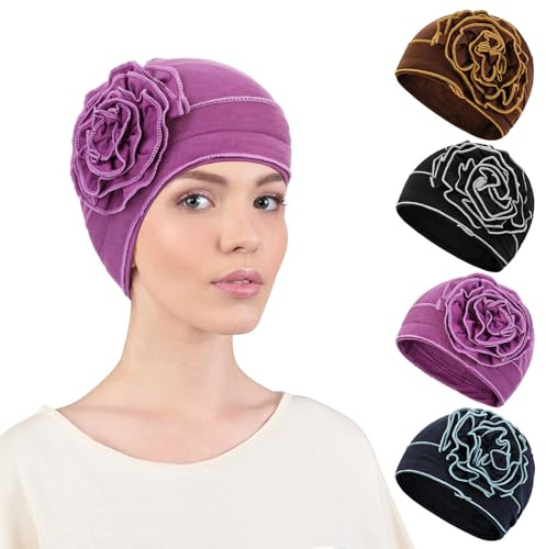 XEPST 4 Pezzi Turbante Chemioterapia Copricapo Chemioterapia Donna, Chemio Dormire Berretto Beanie Donne Affette da Alopecia e per Cancro Pazienti