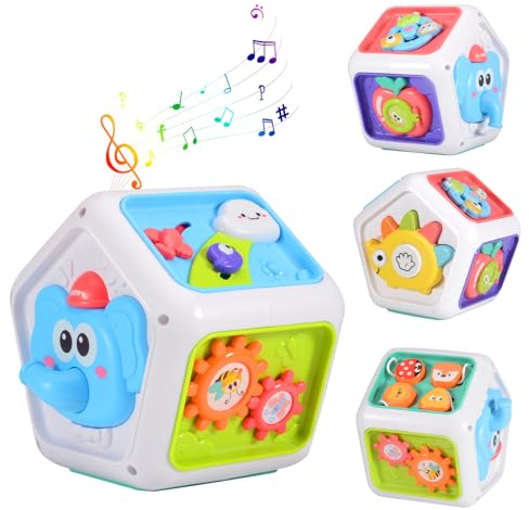 7-Sided Portable Baby Activity Cube with Music & Lights Sensory Busy Cube Learning Toy with Detachable Dinosaur Hanging Toy Fine Motor Skills Development for Baby 6-12 Months 1 Year Old Elephant Theme
