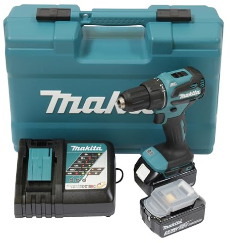 Makita DHP490RFX3 - Trapano avvitatore a percussione a batteria, 18 V/3,0 Ah, 2 batterie + caricatore in valigetta + set di accessori da 74 pezzi