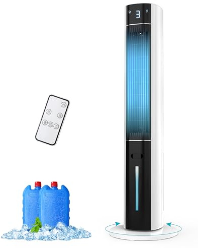 Evaporative Air Cooler - Swamp Cooler with 3L Water Tank, 3 Modes & 3 Speeds, Remote Control, 12H Timer, 50° Oscillating Portable Bladeless Cooling Tower Fan For Room Bedroom Office