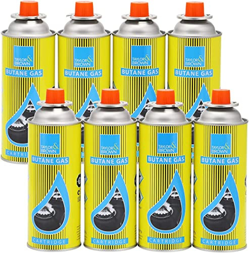 Butane Gas Bottles Canister Camping Heater Cooker BBQ - Compact and Resealable Canister - CP 250 Valve Gas Cartridge, for Bistro and Camping Outdoors Stoves (8 Bottles)