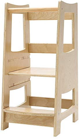 EGREE Toddler Kitchen Step Stool with Safety Rail Kids Wooden Standing Tower for Kitchen Counter and Bathroom Sink, 3 Heights Adjustable Step Up Stool Mothers' Helper, Solid Wood Construction, Natural