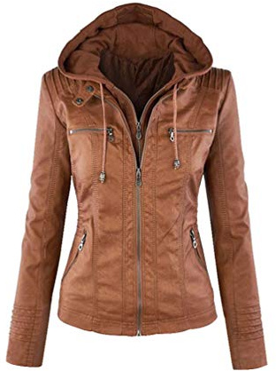 LucaSng Femme à Capuche Veste Simili Cuir Femme Motard Style Manteau, Veste Courte Elegante De Style Moto pour Femmes, Blouson Faux Cuir Manches Longues (Marron, L)