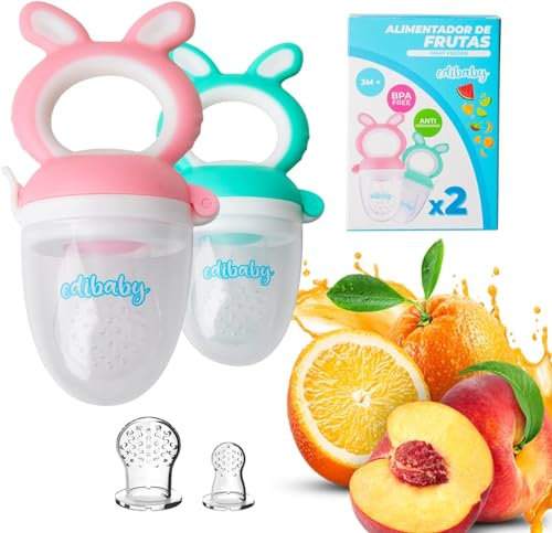 Edibaby, Fruchtsauger Baby, Baby Schnuller, Anti-Choking, 2 Schnuller + 4 Schnuller BPA frei Silikon Nippel, Beißspielzeug für Kinder (Rosa + Grün)