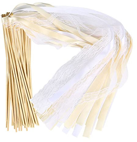 50 Stück Wedding Wands Spitze Stäbe mit Hochzeitsbändern, Stäbe mit Hochzeitsbändern und Glöckchen für Hochzeit, Geburtstag, Leistung, Requisiten, Gastgeschenke