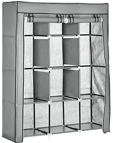 HOMCOM Armario de Tela Plegable, Armario Portátil con 2 Barras para Colgar, 8 Estantes, Marco de Acero, para Dormitorio, Vestidor, 125x43x162,5 cm, Gris Claro