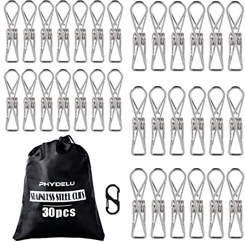 (30PCS) Stainless Steel Laundry Clothes Pins Heavy Duty Outdoor, Clothespins for Hanging, Metal Clips, Metal Clothes pins, Snack Bag Chip Clips for Food Packages, Close pins