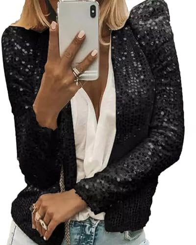 DECORN Casual Female Jacket Coat Full Sequins Open Front Jacket Womens Shiny Party Tops Cardigan L Black