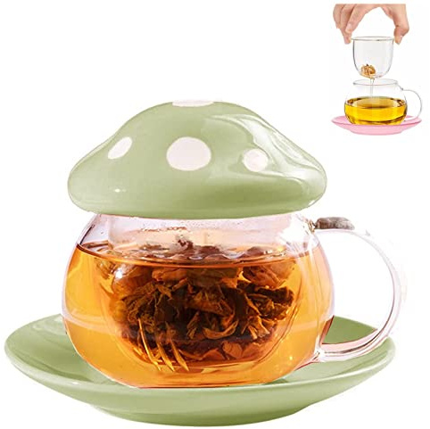 TUHNHGD Tazza Fungo, Bere Tazza Con Coperchio, Tazza Viaggio Caffè, Tazza Da Tè In Vetro Con Infusore E Coperchio, Con Sottobicchiere, Coperchio Della Tazza, Colino Per Il Tè, 290 Ml (verde)