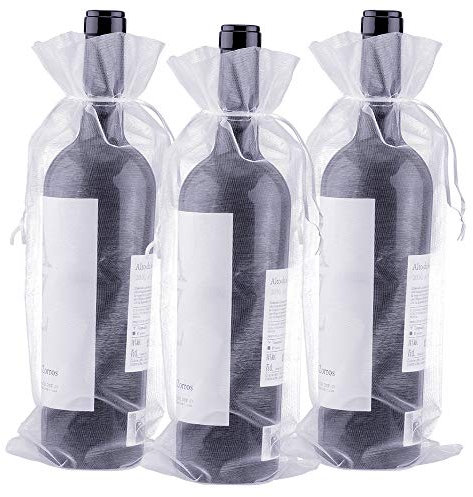 jijAcraft 30 Stück Weiß Organza Weinbeutel, 37 x 16cm Organza Weinflasche Geschenkbeutel, Weinflaschenbeutel mit Kordelzug für Champagner, Hochzeit, Weihnachten Party