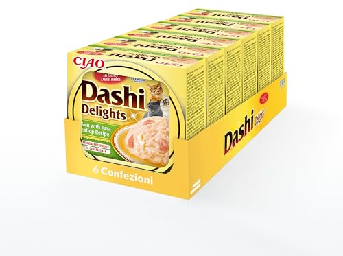 INABA Dashi Delights - bitar i bonitflingbuljong med kyckling och ost - 6 x 70 g - läcker och hälsosam - topping - proteinrik - naturliga ingredienser - kattpasta | Bitar i buljong kattmat topping, inspirerad av japanska traditioner, mjuka flingor, läckert mellanmål, komplement, hög fukt