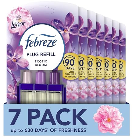 Febreze 3Volution Plug-In Air Freshener Refill, Exotic Bloom, Pack of 7 (20ML x 7), Odour Fighter & Bathroom Freshener