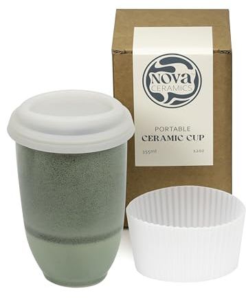 NOVA CERAMICS Travel Mug On the Go Coffee Tumbler Microwave & Dishwasher Safe Green Coffee Tumbler - Gifts for Women Men Him Her 12oz Emerald