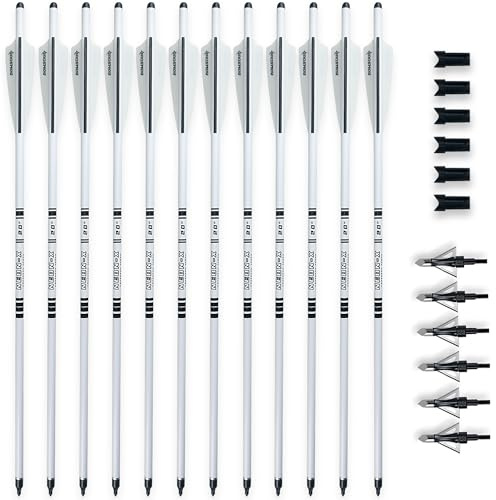 BOWSOUL Crossbow Bolts 20inch Fluorescence Color Carbon Crossbow Hunting Arrows with 4 Vanes and Replaced Arrowhead(12 Pack) (Fluorescein White&Broadhead)