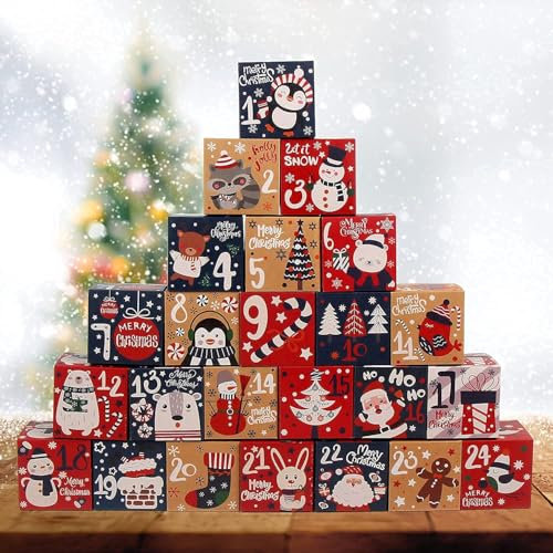 SULOLI 24 Stück Adventskalender zum Befüllen Schachteln,Adventskalender Tüten,Farbe Adventskalender Kisten Set,DIY Geschenkbox Weihnachten für Weihnachten Party Geschenken Dekoration