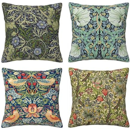 WWOOPLL William Morris Set med 4 kuddöverdrag 45 x 45 cm, vintage botanisk blommig trädgård heminredning örngott prydnadskuddar kuddöverdrag för vardagsrum soffa bäddsoffa säng, 18 x 18 tum