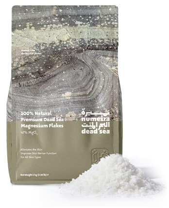 Numeira Mar Muerto Sal de Magnesio Baño y Remojo Relajante Sales de Baño de Magnesio de Jordania, Copos de Cloruro de Magnesio Puro para Baño, Sin Perfumar, 1 kg