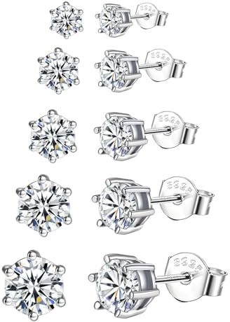 Epoch World 5 Paia Orecchini in Argento Sterling 925 Diamante Piccoli Anallergici Orecchini Argento 925 Rotondo Zirconia Set Orecchino da Donna Orecchini per Donna Uomo