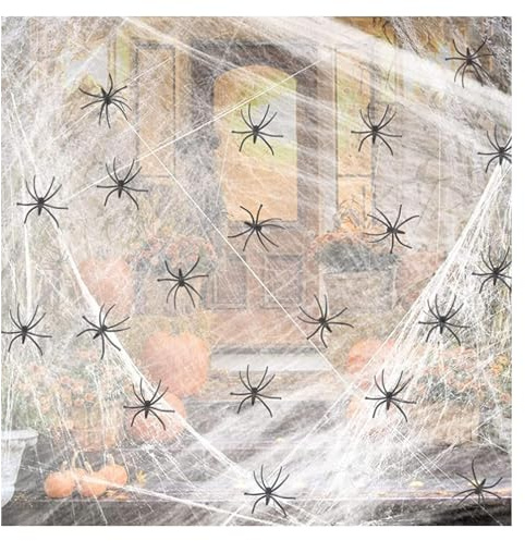 HASAIKA Halloween-dekoration spindel, 200 g dekorativ spindelnät och 20 svarta spindlar, lämplig för Halloween fest dekoration inomhus och utomhus (vit)