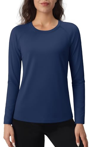 TACVASEN T-Shirt De Sport Thermique à Manches Longues pour Femmes T-Shirt Fonctionnel Uni Pull en Polaire Léger Et Respirant (Bleu Marine, L)