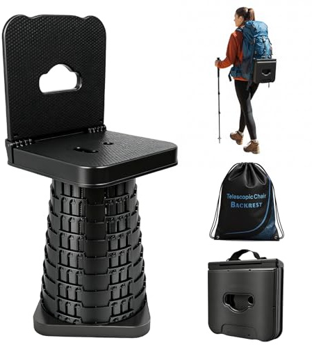 Flixyticy Improved Portable Telescopic Stool with Backrest, Collapsible Folding Seat for Adults for Camping Fishing Hiking BBQ Outdoors Indoors Kitchen, Height 45 cm (Stool with Backrest)