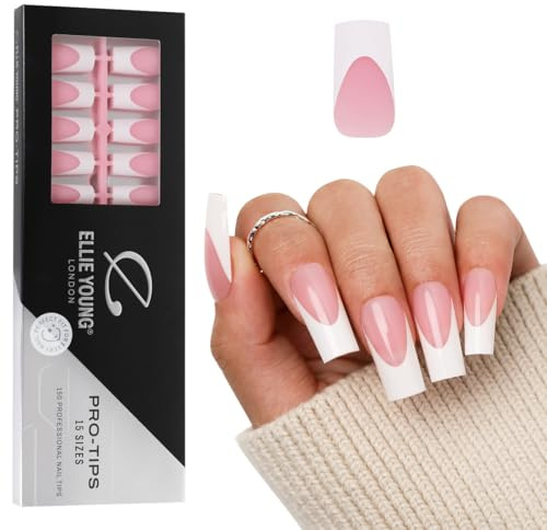 Ellie Young PRO-TIPS French Kit 150pcs French Nail Tip, Press-On Nails – 15 Sizes, Gel Acrylic Nail Extensions for DIY Nail Art & Polish (ONLY NAILS) Pink Long Square