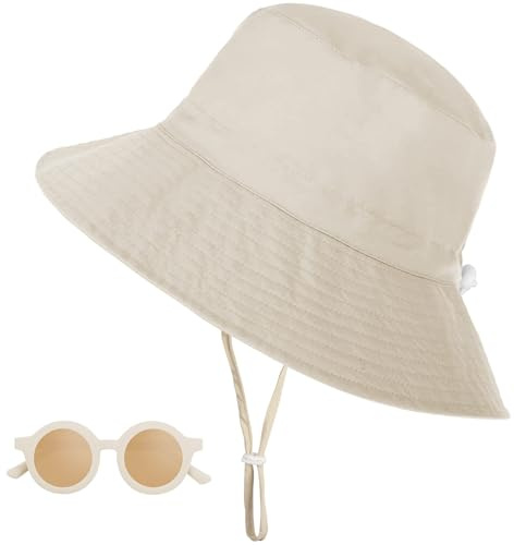 Sonnenhut Kinder UV-Schutz UPF 50+, Breiter Krempe Nackenschutz Fischerhut mit Sonnenbrille, Atmungsaktiv Bucket Hat mit Verstellbarem Kinnriemen, Strandhut für Junge, Mädchen - Beige, 2-6 Jahre