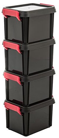 Iris Ohyama, Scatola portaoggetti in plastica, Scatola portaoggetti garage 2L, Lotto di 4, Impilabile, MBX-2, Nero, Impilabile, Clip di chiusura - L22,5 x P17 x A14,5 cm