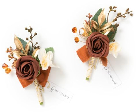Ling's moment Boutonniere for Men, 2pcs Groom Groomsmen Guest Boutonniere, Artificial Flowers for Wedding/Prom/Homecoming, etc.Fall Orange Terracotta
