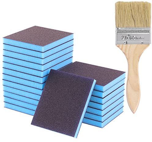 Glarks El kit de esponja de lijado de grano 80 incluye 20 bloques de lijado reutilizables y lavables de 120 x 100 x 12 mm, con 1 cepillo de pintura para madera, metal, pintura y paneles de yeso