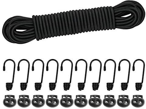 10M Elastic Cord, 1/5 Thick Shock Cord Heavy Duty 32Ft Elasticated Shock Cord Black Bungee Cords with Hooks and Spring Cord Lock for Caravan Cargo Craft Rack (5mm x 10M, Black)