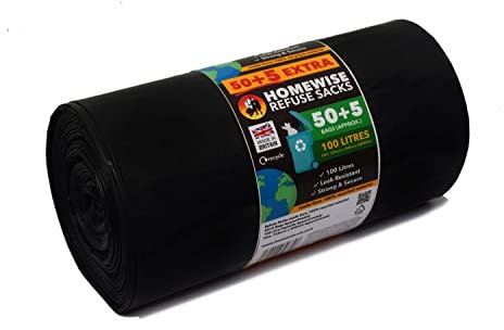 Homewise 55 Extra Bin Bags Heavy Duty 100L Bin Bag Refuse Sacks Pack Of 55 Black Bags For Rubbish Large Bin Bags Eco Friendly for Home Offices & Garden Strong Bin Liners Made from Recycled Material