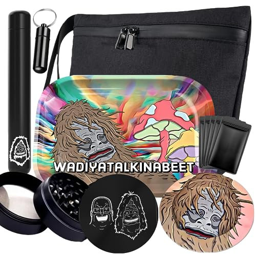 Rolling Tray Bundle Kit Set - Large Smell Proof Bag, Rolling Tray, Ashtray, Four Piece Tobacco Crusher and More - Smoking Accessories - Tobacco Accessories