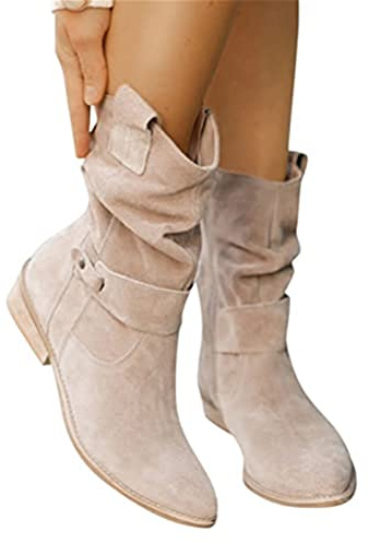 MIYYO Bottines Femmes Classique Daim Demi Bottes Bout Pointu Slip-on Bottines Basses Avec Boucle Bottes Courtes Bottines Mi-Hautes Hiver Bottines Femme (Color : Apricot, Size : 37 EU)