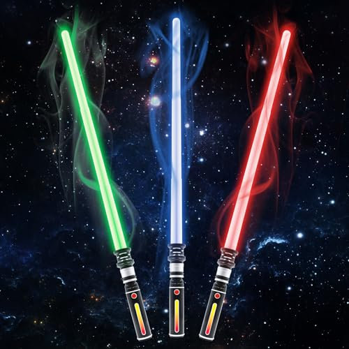 3 Packs 3 Colors Light Sabers with FX Sound (Motion Sensors) for Kids, Expandable Handle Light up Sword for Halloween Xmas Boys Children's Day Dress Up Parties Costum Galaxy War Fighters and Warriors