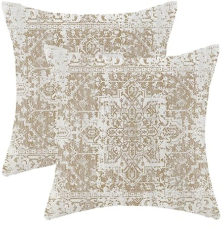 AEIOAE Ethnic Boho Throw Pillow Covers Linen Square Cushion Covers 18x18 Inch Set of 2 for Sofa Bed Outdoor Indoor Decor Brown Beige White