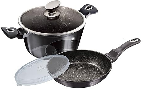 Berlinger Haus, Batterie de Cuisine de 4 Pièces, Collection Carbon Pro, revêtement en marbre antiadhésif à 3 couches, Poignée de touche souple ergo, Convient à tous types de plaques de cuisson
