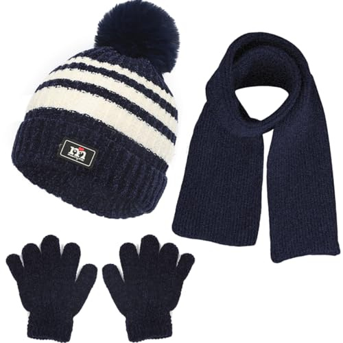 NLAND Conjunto Gorro Bufanda y Guantes para Niño Niña 1-5 Años | Set de 3 Piezas de Accesorios de Invierno Térmicos y Portátiles,Sombrero de Punto con Pompón,Suave,Cálido y Elástico