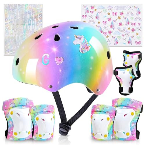Unicorn Castle Kinderhelm 3-8 Jahre Kinder Fahrradhelm für Mädchen, Kinder Protektoren Schutzausrüstung Kinder Knieschützer Set, Verstellbar