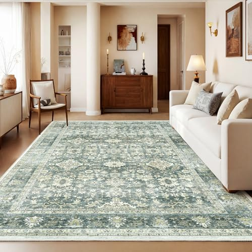 HOMFINE Vintage Washable Rugs for Living Room - 160x230cm Green Area Rug for Bedroom Living Room Traditional Printed Design, Low Pile, Non-Slip, Non-Shedding