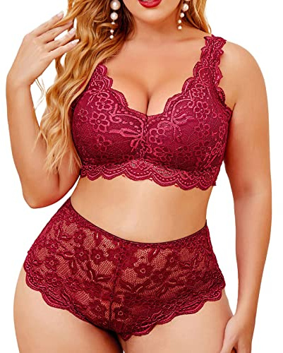 Lingerie Femme Sexy Ensemble en Dentelle Grande Taille Soutien-Gorge Push Up Deux Pièces Brassière sans Armature Nuisettes et Deshabillés Culotte Sensuelle Sexy pour Femmes