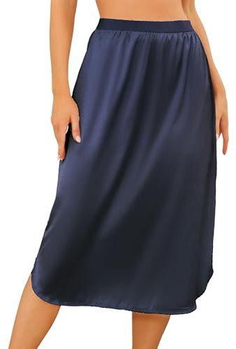 Wikoan Sottogonna da Donna, Lunga Morbido Antistatiche Raso Sottoveste Gonne da Donna con Finiture in Pizzo Blu Navy,XXL