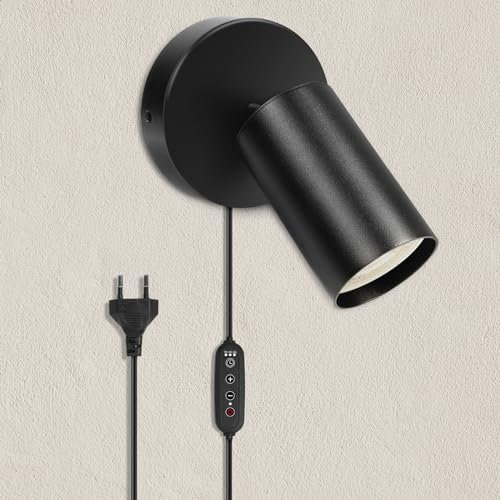 HOTUT Wandlampe mit Schalter und Stecker, Innen GU10 Wandleuchte, Schwarz Wandstrahler Drehbare 350° Vintage Wandspot, wandlampe steckdose für Wohnzimmer, Schlafzimmer, Flur Ohne Leuchtmittel