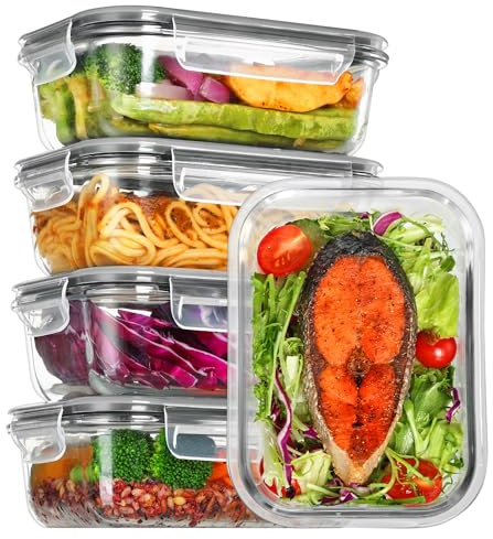 Vtopmart 5Pack 22oz Glass Storage Containers with Lids, Meal Prep Food Containers Sets, Glass Lunch Containers Bento Box with Snap Airtight Lids for Microwave, Oven, Freezer and Dishwasher
