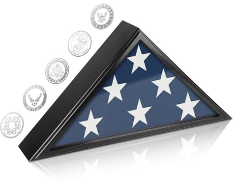 Flag Display Case for Burial Flag, 9.5x5' Folded Flag Case for Burial Flag, Wooden Flag Box Display Case with Wall Mount, Flag Holder for Veteran Burial Flag Display Case, Military Flag Frame (Black)
