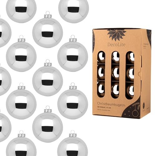 DecoLite: Weihnachtskugeln 6 cm Ø - 30er Set aus Glas inkl. Aufhänger | Hochwertige Christbaumkugeln für Weihnachtsbaum | Stilvolle Weihnachtsdeko in Kartonbox | Kugeln - Silber - glänzend
