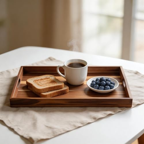 30x22 Inch Large Acacia Wood Serving Tray with Handles – Heavy Duty Wooden Platter for Coffee Table, Couch, Bed & Party – Rustic Home Decor Serving Board for Breakfast, Appetizers or Display