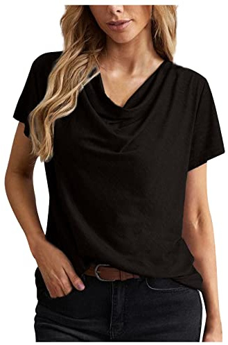 Dyhxuan Tshirt Damen Baumwolle Kurzarm T-Shirt Wasserfall-Ausschnitt Basic Shirt Regular Fit Einfarbig Oberteile Weiche Bequem Pullover Top Casual Tunika T Shirt Leicht Sommer Bluse für Frauen