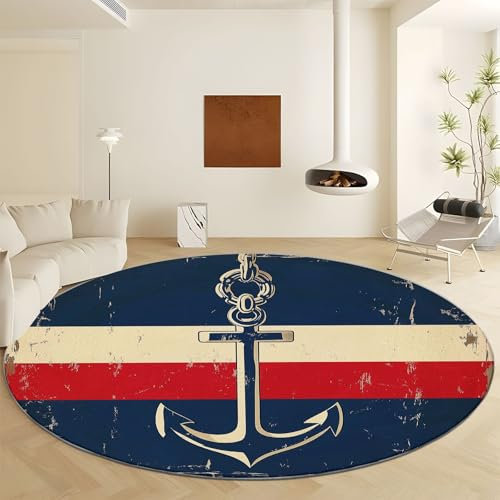 Waschbarer Runder Teppich Vintage Nautisch Anker Und Kette 120 x 120 cm Kurzflor Extra Weich Pflegeleicht Runde Teppiche Blau, Rutschfest Fusselfrei Läufer für Wohnzimmer Schlafzimmer, Küche