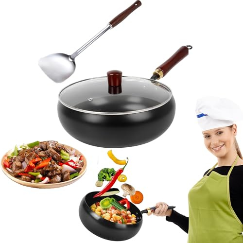 Tefola Uncoated Thick Iron Pot, Forged Big Belly Pot Cast Iron Pan with Lid Deep Frying Saute Pan 28Cm Cast Iron Wok Skillet Pans for Cooking, High-Heat Frying, Stir Fry, Simmering
